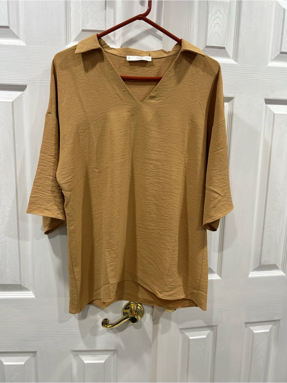 MNG/Mango Oversized V-Neck Collared Blouse in Camel Brown
